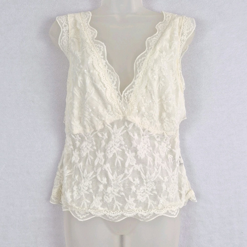 Boho Dainty Floral Lace Ivory Sequin Tank XL Romantic Feminine Whimsy V Neck Top